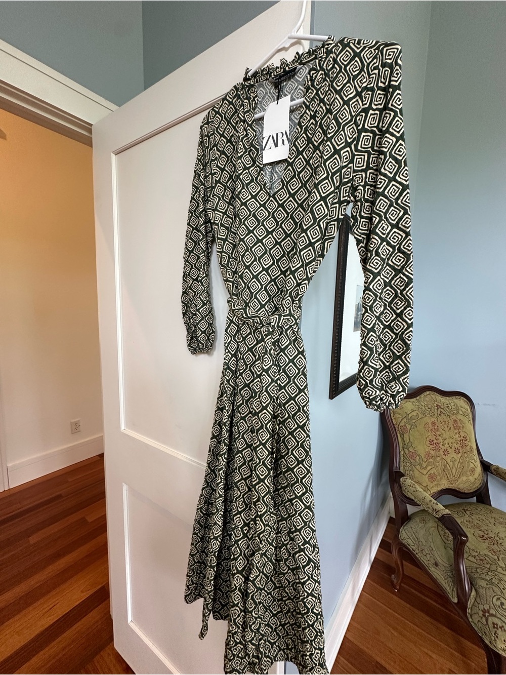 ZARA Olive Green and White Geometric Wrap Midi Dress